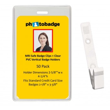 MRI Safe Clips and Vertical PVC Badge Holder- 50 pack